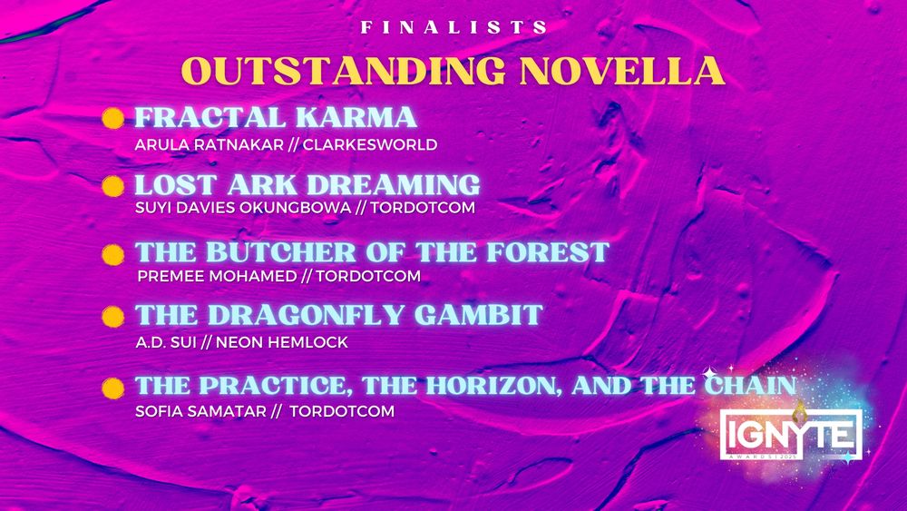 Finalists in Outstanding Novella

FRACTAL KARMA – Arula Ratnakar (Clarkesworld)

LOST ARK DREAMING – Suyi Okungbowa Davies (Tordotcom)

THE BUTCHER OF THE FOREST – Premee Mohamed (Tordotcom)

THE DRAGONFLY GAMBIT – A. D. Sui (Neon Hemlock)

THE PRACTICE, THE HORIZON, AND THE CHAIN – Sofia Samatar (Tordotcom)