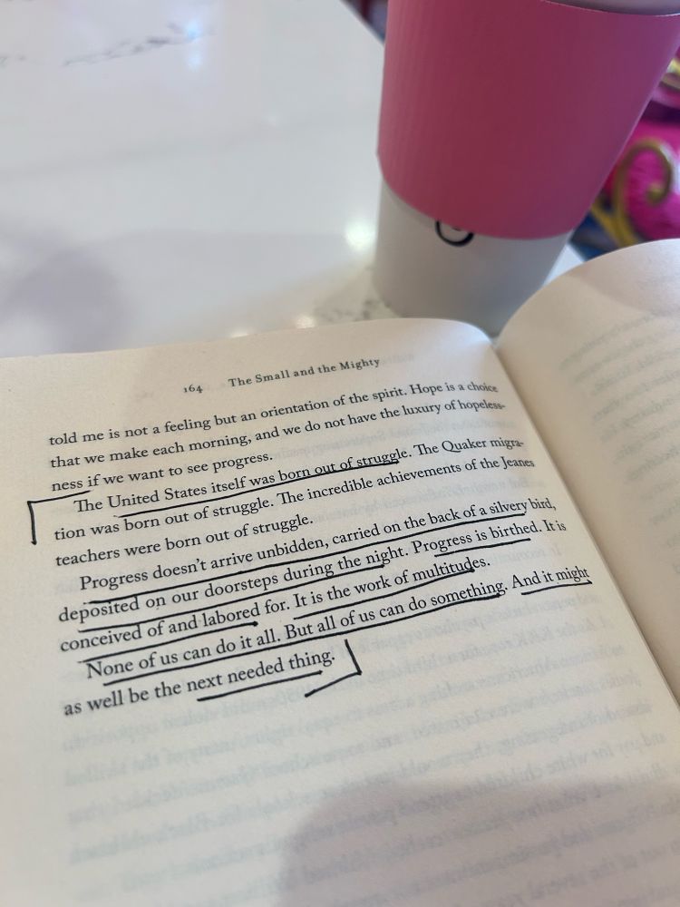 Picture of a book with the quote “none of us can do it all. But all of us can do something. And it might as well be the next needed thing.” 