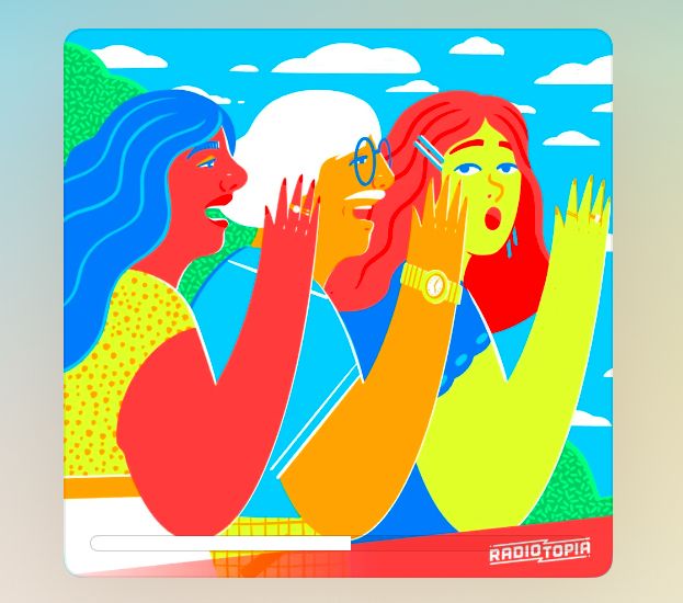 Logo for Normal Gossip podcast- three brightly colored cartoon women whispering in each other’s ears. 