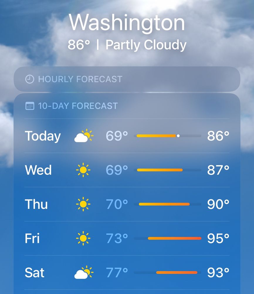 A screenshot of the iOS weather app showing the next few days in Washington DC where temperatures will be higher than the 90s through the upcoming weekend 