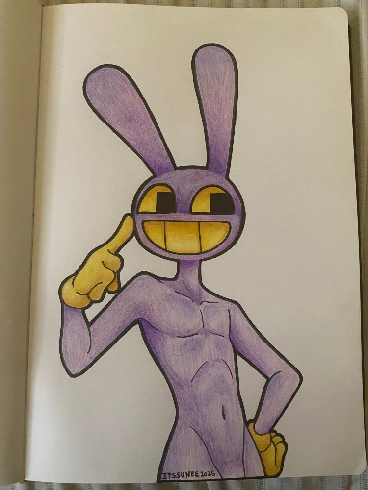 A colored pencil drawing of Jax from the amazing digital circus but he’s doing a cocky smile, poking his cheek, and shirtless. He’s such a cute twink. 