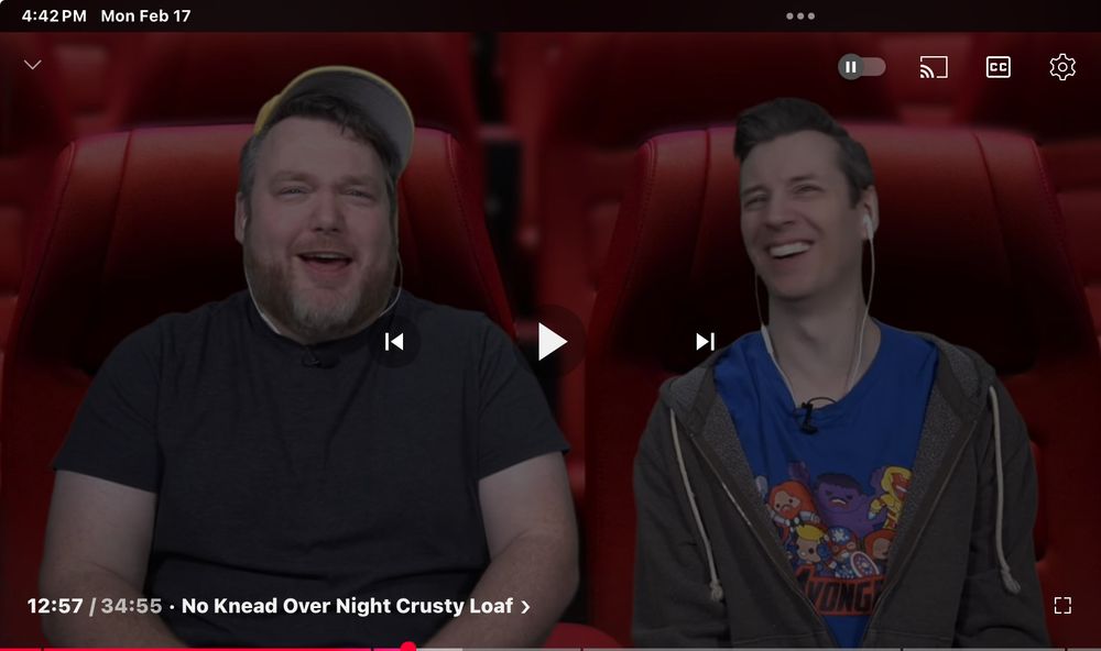 Pause hit on Jay and Adam with a chapter title showing at 12:57/34:55, “No Knead Over Night Crusty Loaf”