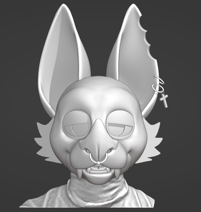 Fursuit bat head. nose piercing in the nose. droopy eyes. cute teefs with big canine teefs. big radar dish ears with chunk bitten off. ear piercings too!