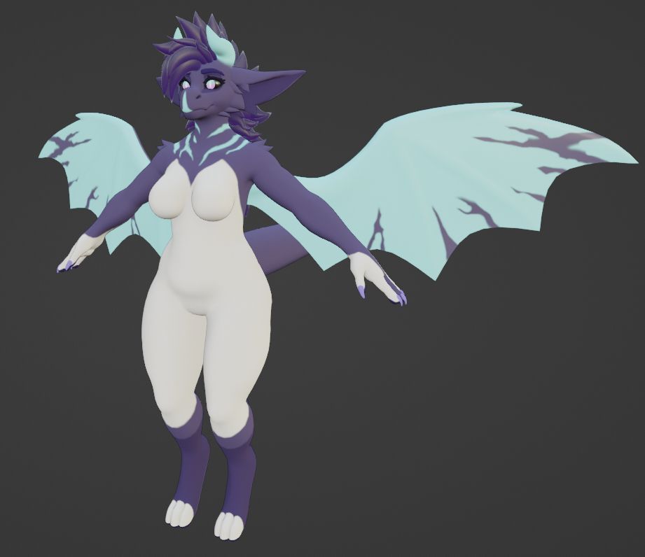 Cute space dragon with purple, white, and teal hues, blue and pink eyes, long tail, and dragon wings.