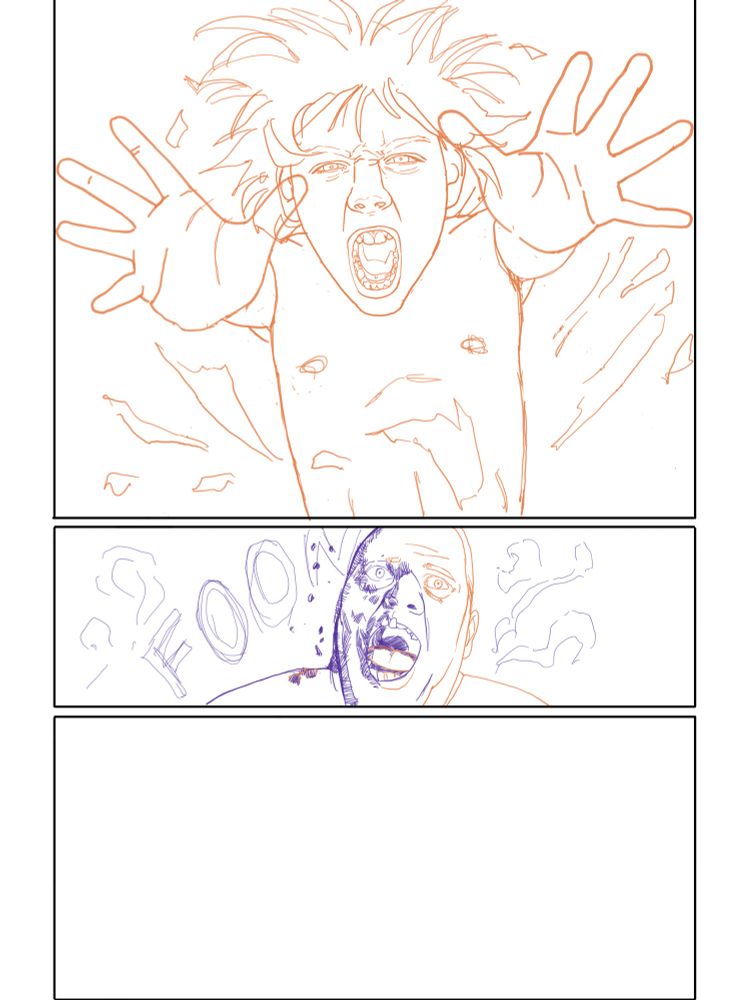 A comic book page showing penciling progress. Two panels of three are done and show Joel, a ten year old boy, erupting in flames and shooting them at his abuser, Captain Jack. Jack’s face crackles in the flames. 