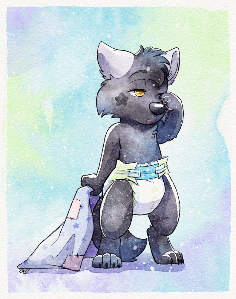 A very sleepy little anthro pup with gray and white fur and a diaper rubs his eye sleepily, dragging a patched blanket behind him.