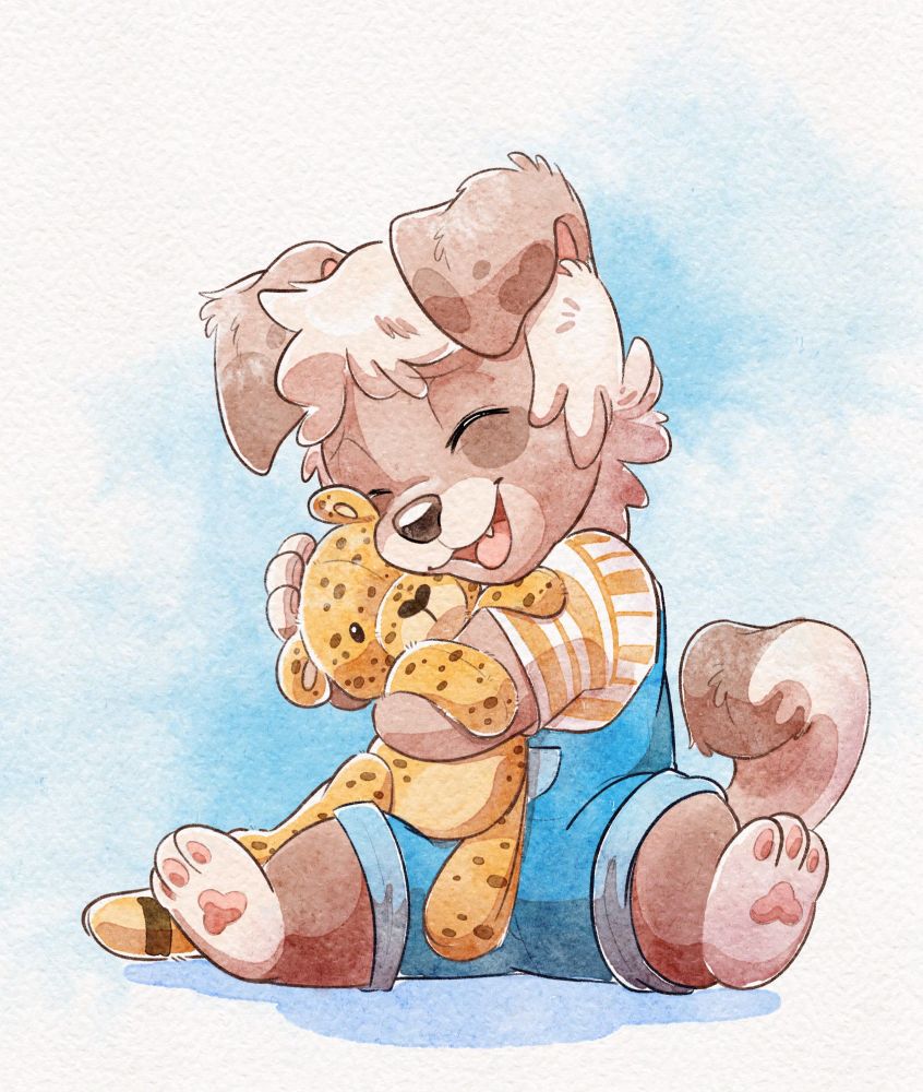 A brown spotted babyfur puppy with a curled tail and floppy ears, dressed in shortalls and an orange striped t-shirt, sits on the floor snuggling a cheetah plush toy.