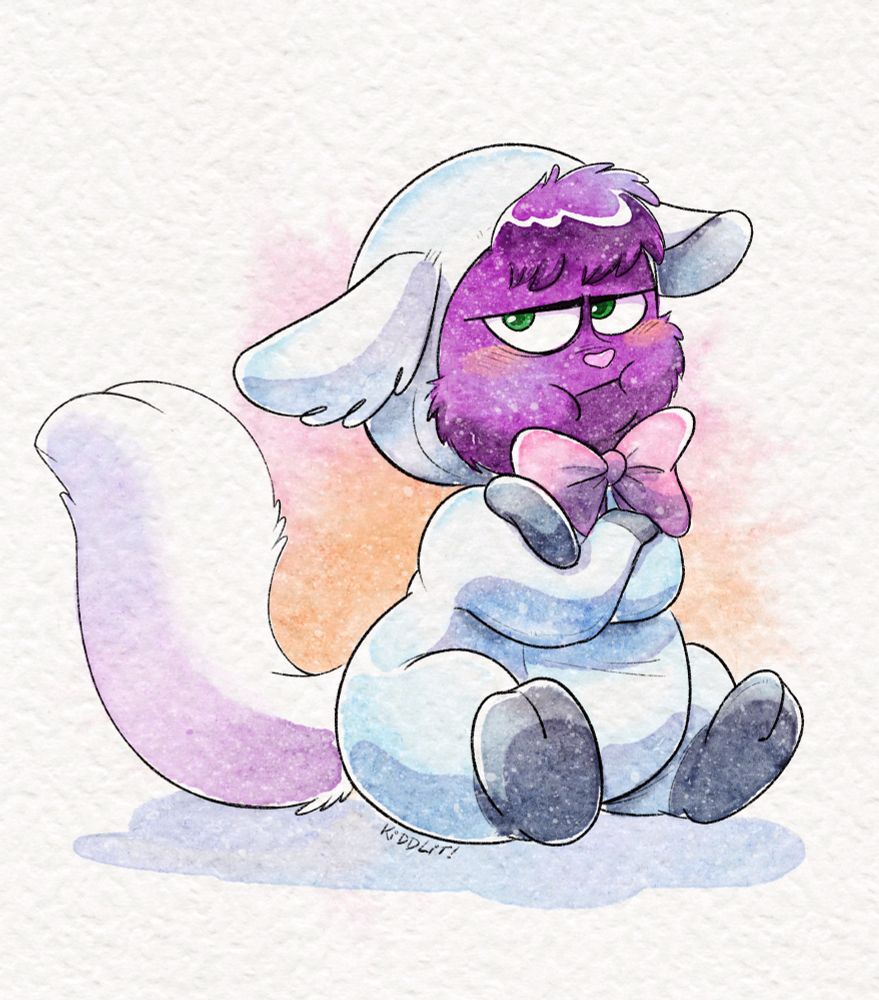 A completed YCH of a furry character pouting with arms crossed, sitting on the floor in a lamb costume with a giant bow, based on the lamby costume from Gravity Falls. This one is of Jamie!