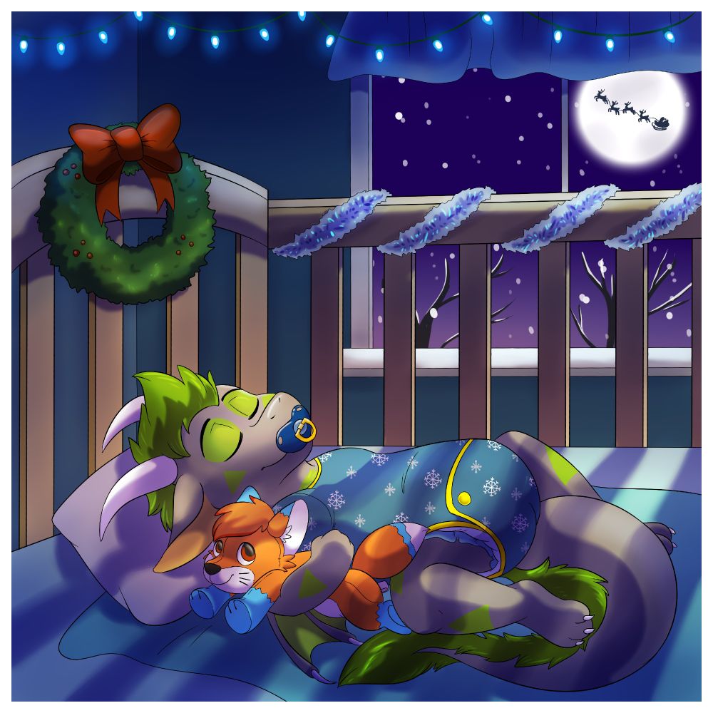 Corinn, a gray and green baby dragon, is dressed in a blue snowflake onesie with a blue pacifier, sleeping with a fox plush, in his crib adorned with holiday decorations as snow falls outside and Santa and his sleigh fly across the moon.