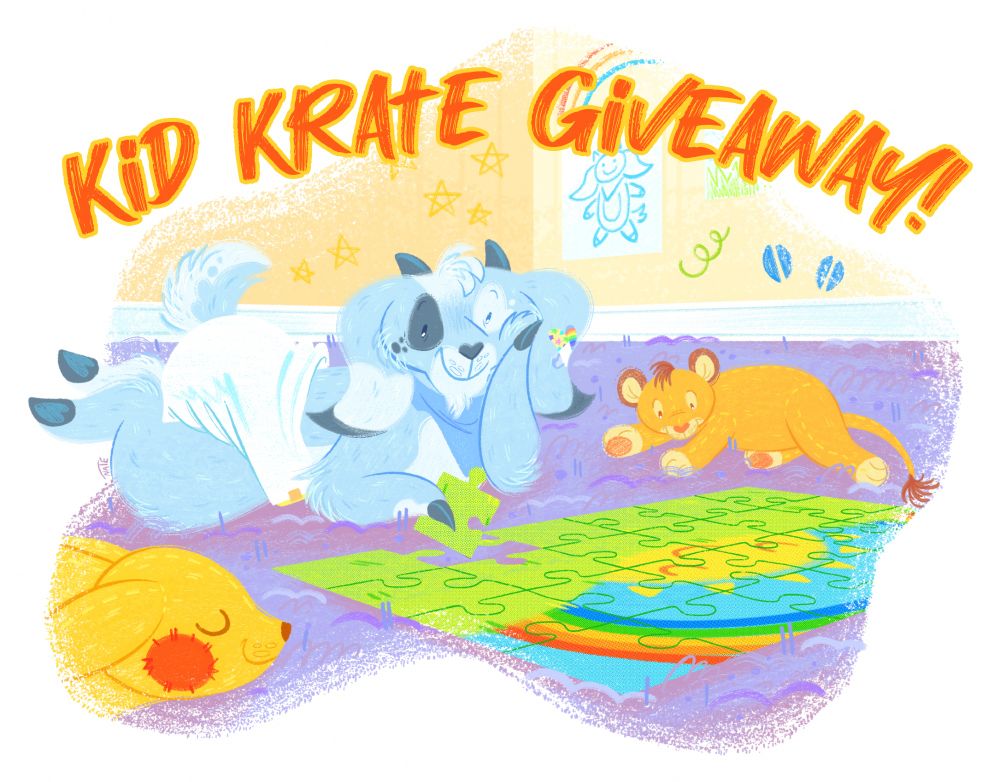 Artwork by NateDraws of Kidd, a blue babyfur goat, laying on his tummy on a purple rug while putting together a bright rainbow puzzle with his Pikachu and Simba plushies. There are doodles and drawings on the yellow wall behind him. The text reads, Kid Krate Giveaway!