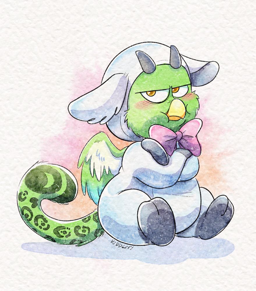 A completed YCH of a furry character pouting with arms crossed, sitting on the floor in a lamb costume with a giant bow, based on the lamby costume from Gravity Falls. This one is of Jaye!