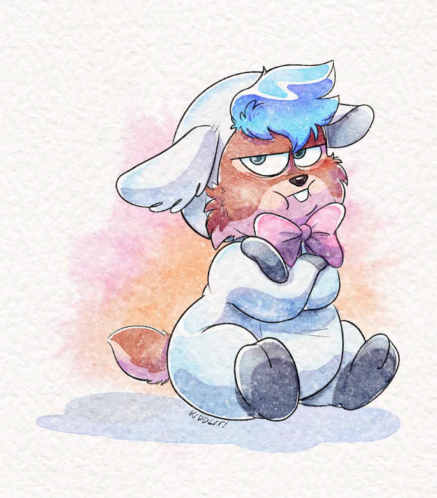 A completed YCH of a furry character pouting with arms crossed, sitting on the floor in a lamb costume with a giant bow, based on the lamby costume from Gravity Falls. This one is of Samar!