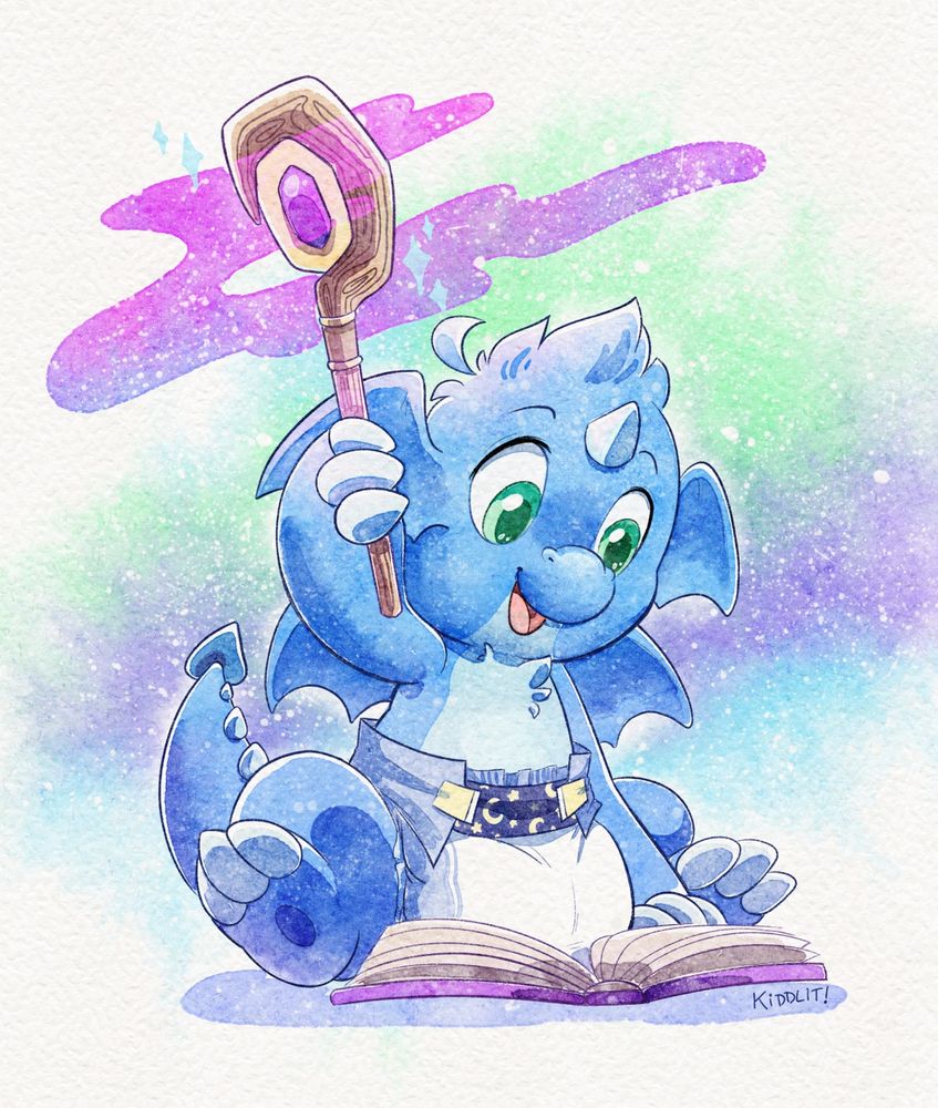 A blue babyfur dragon with bright green eyes wearing a moon and stars themed diaper casts colorful magic with a staff in one hand as he reads a spellbook.
