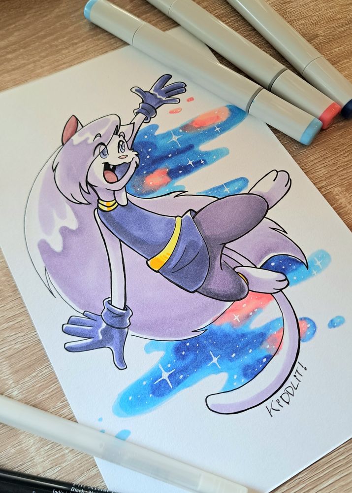 A marker drawing of a white cartoon cat in a purple outfit with long lavender hair with a minimal space background.