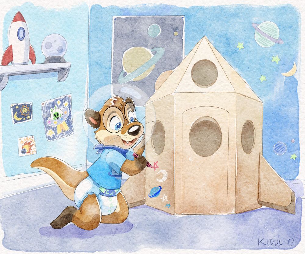 A babyfur otter wearing a goldfish bowl as a space helmet, a blue shirt with a planet on it, and space-themed diaper uses a pink crayon to draw a star on a big cardboard space rocket. His blue room has various doodles, posters, glow in the dark stars and planets, and models on a shelf.