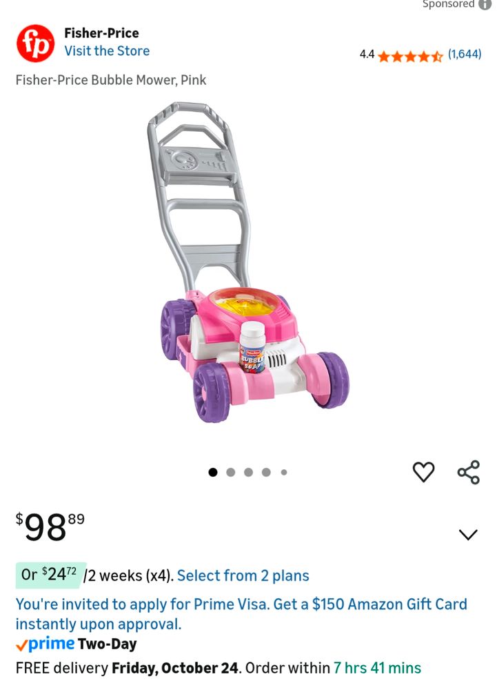 Fisher Price Pink bubble lawn mower. Listed at $98.89 on Amazon.