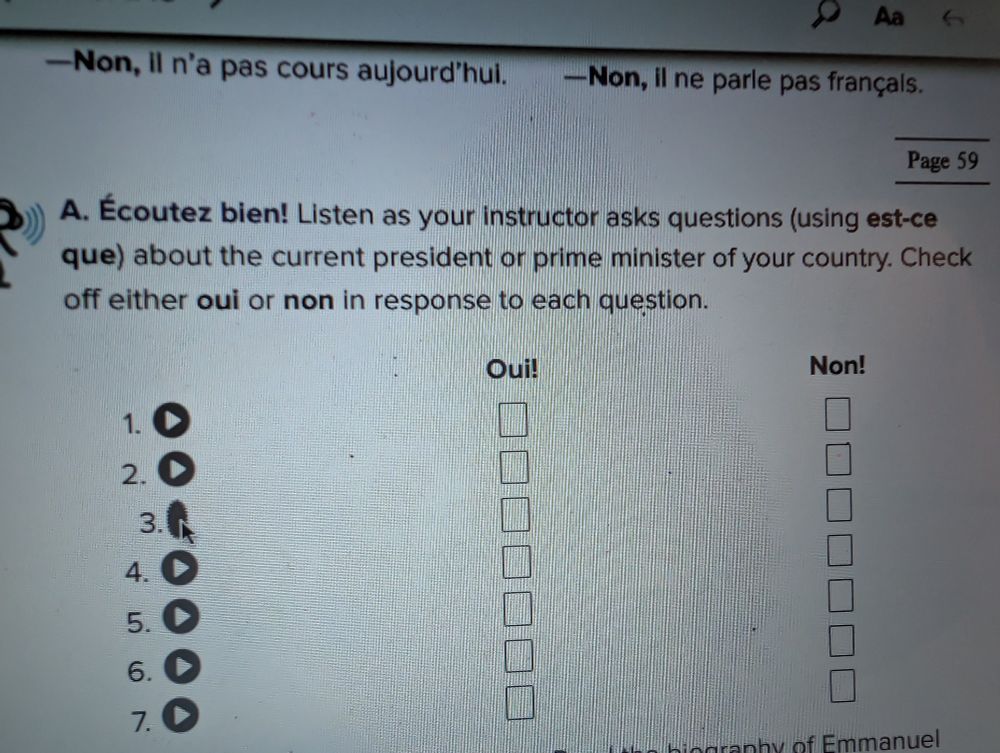 Photo of a screen showing an activity in a French textbook. The instructions read "listen as your instructor asks questions (using est-ce que) about the current president or prime minister of your country. Check off either Oui or non in response to each question."