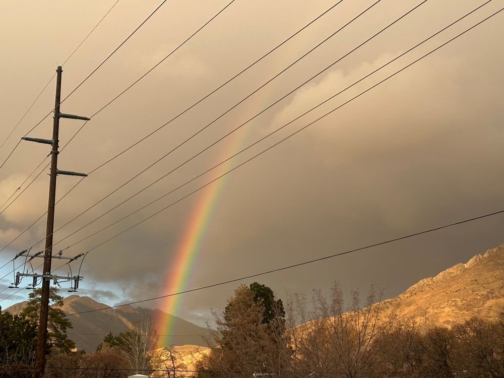 Half of a bright rainbow stands in front of a mountain. The sky is gray and the colors of the rainbow shine through. 
