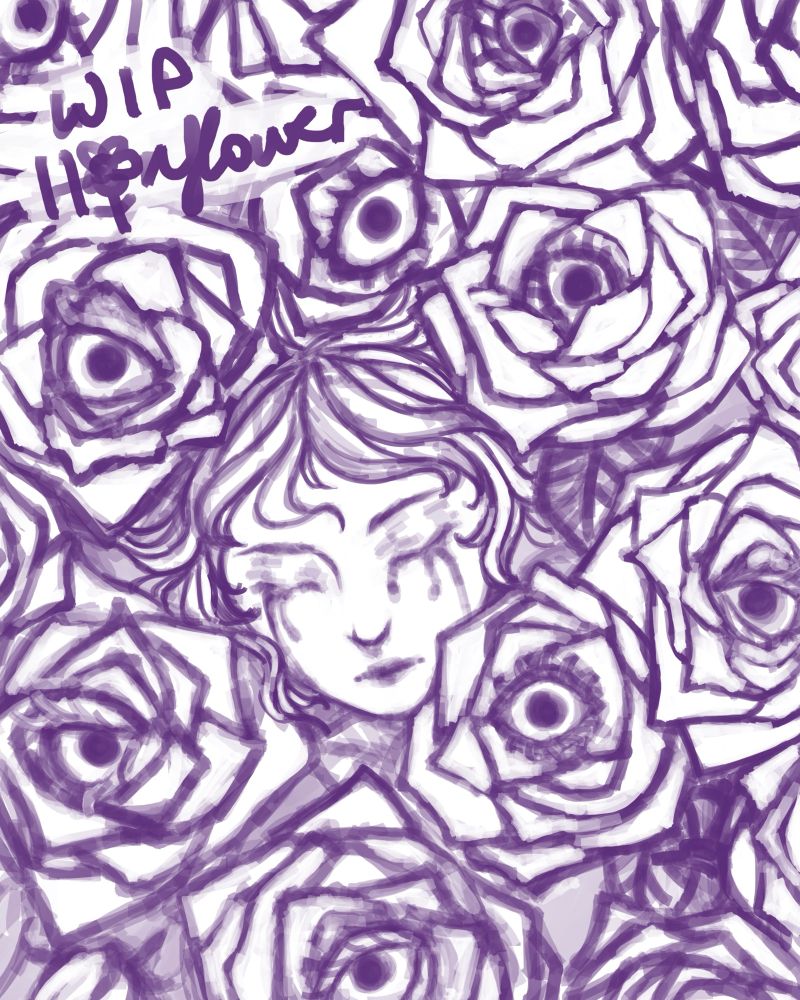digital sketch of a woman's face with closed eyelids leaking blood. her face surrounded by roses - the roses have eyes in their centre, all looking towards the camera.