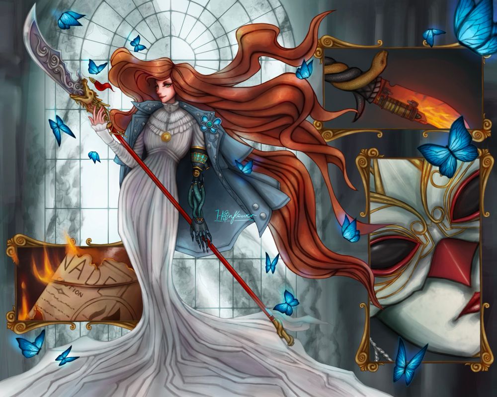 digital painting of @dreamydiglett wearing Sophia's outfit (long white dress and light blue coat) from Lies of P - she holds an azure dragon crescent glaive and her long brown hair billows across the drawing. A background of a large arch window can be seen, with 3 gold ornate frames featuring other game items (thermite, white lady's mask, salamander dagger). Many blue glowing butterflies are scattered across the drawing.