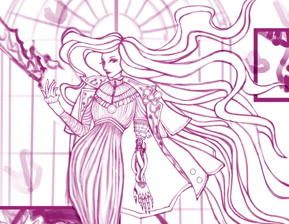 wip of a piece with a woman with long wavy hair and a mechanical arm (lies of p and mucha inspired)
