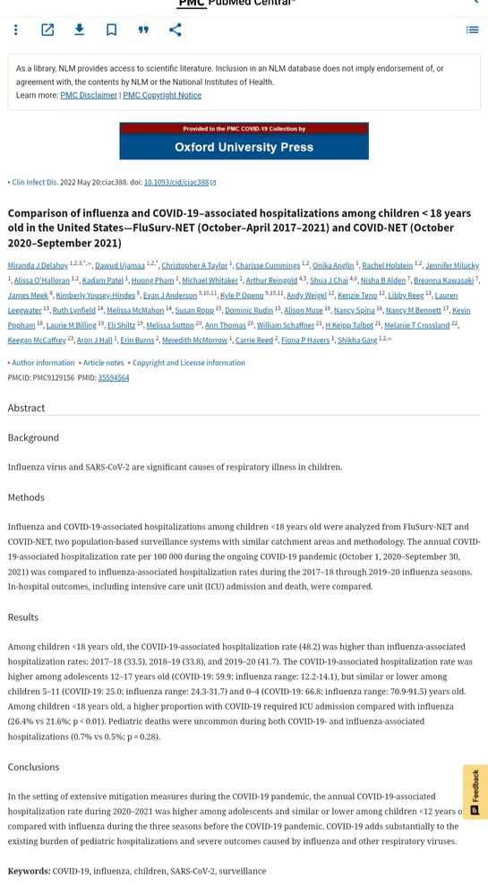 Comparison of influenza and COVID 19 associated hospitalisation among children < 18 years old 2020- 2021