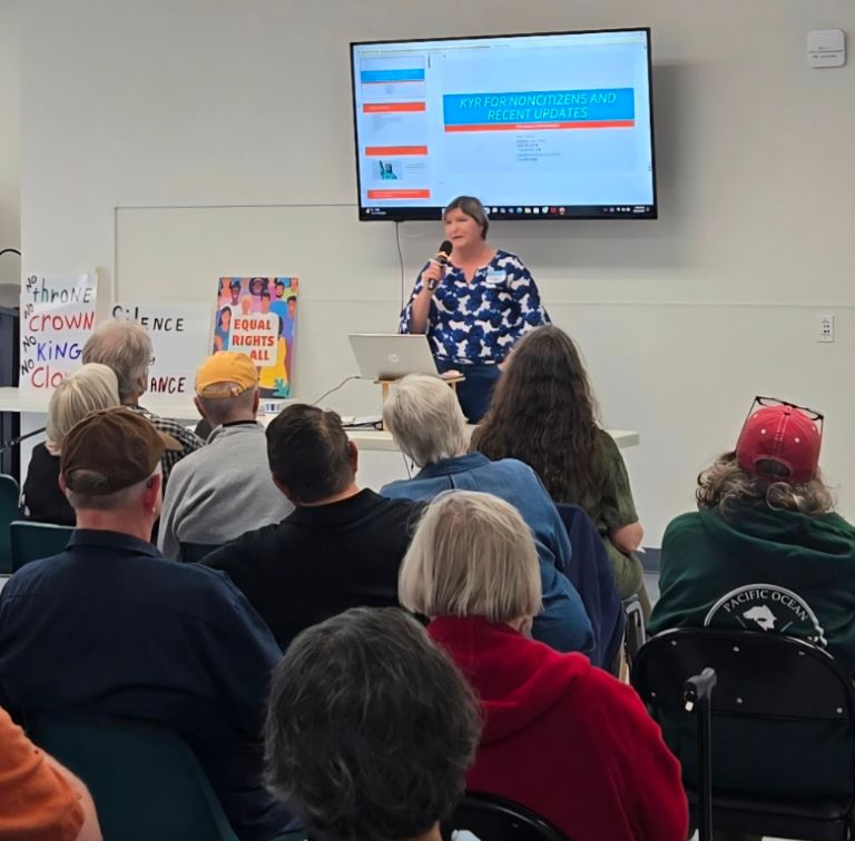 Photo of a speaker at the Lincoln County Democrats July meeting