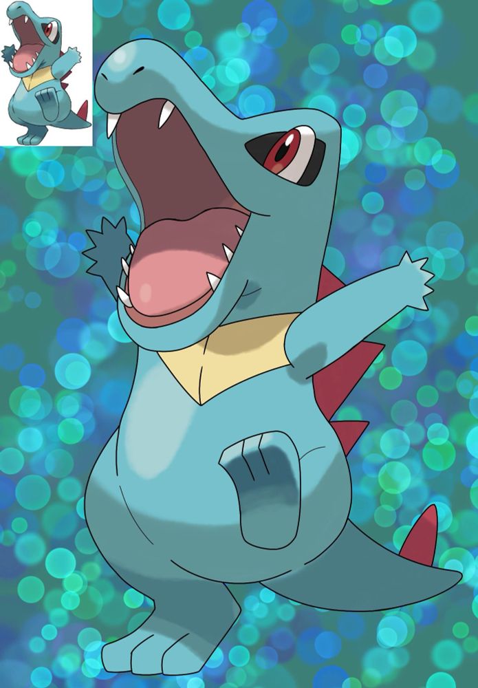 Fan art of the pokemon Totodile on a water themed background with lots of colorful bubbles