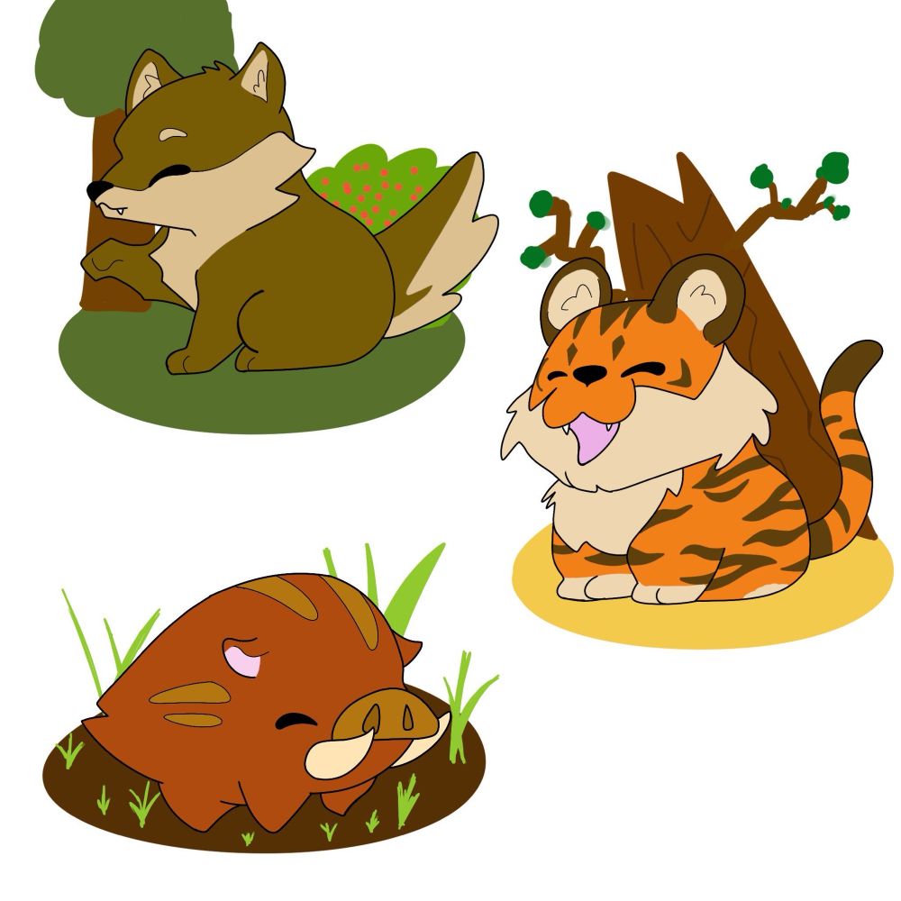 Chibi art of a tiger, a wolf and a boar, each with their own background. The wolf has a background of a tree and some brush. The tiger has a large cliff with some tree branches. The boar is in some mud with stalks of grass