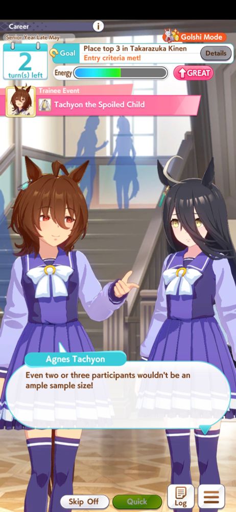 Agnes Tachyon and Mahnattan Cafe in Agnes' 3* trainee event "Tachyom the Spoiled Child"

Agnes, on the left, is speaking to Manhattan, on the right. "Even two or three wouldn't be an ample sample size". Manhattan Cafe does not understand that Agnes has already tested on herself. Manhattan Cafe thinks a sample size of 1 is valid scientific research. Manhattan Cafe would get laughed out of science conferences.