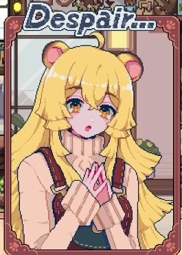 A lion girl names Scone with long, layered blonde hair, her hands touching at ger fingers looking surprised. The word "Despair..." is above her in grey text.