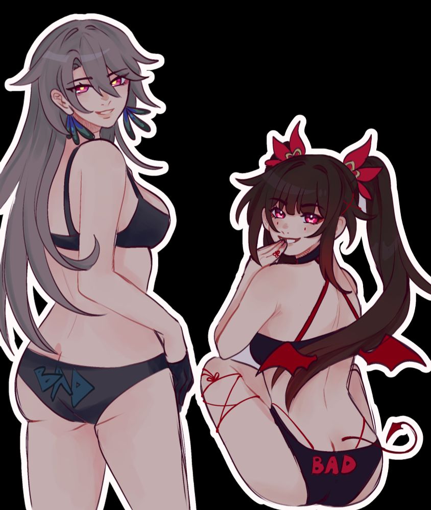 vita and sparkle from the honkai series looking at the camera wearing nothing but a top and underwear saying "bad"