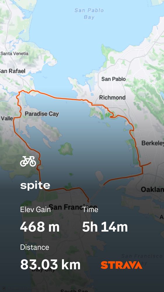 A Strava map with the route I described in the main post. The ride is entitled "spite". I had an elevation gain of 468m, time of 5h 14m, and a distance of 83.03km. 