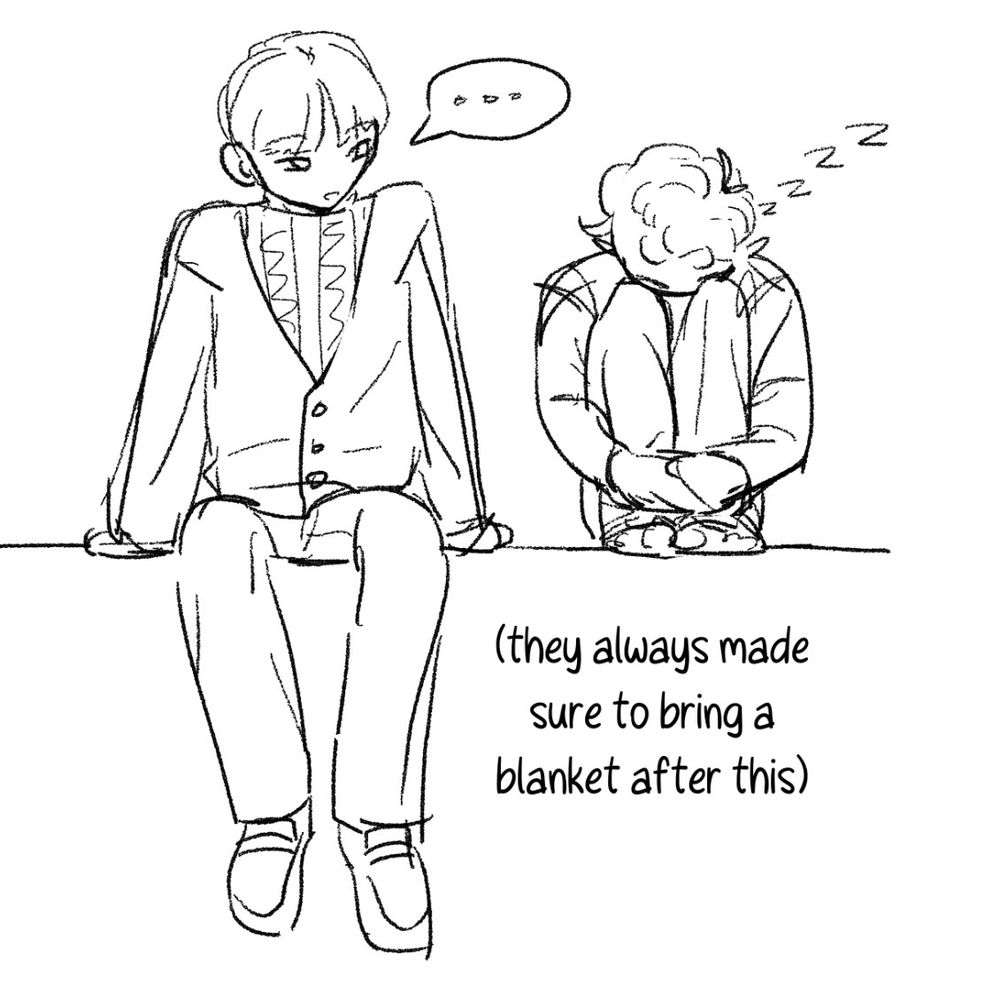 Sketch of Percy and Ollie from my comic Maintenance. Ollie sits with his legs neatly tucked up against him, forehead resting on his knees, as he sleeps. Percy looks on amused.