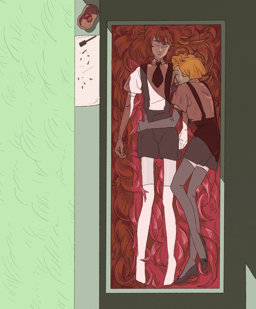 Yellow Diamond lays down next to Padparadscha (who is asleep) from Land of the Lustrous. The sun cuts across them as they lay there in the box in Rutile's office.