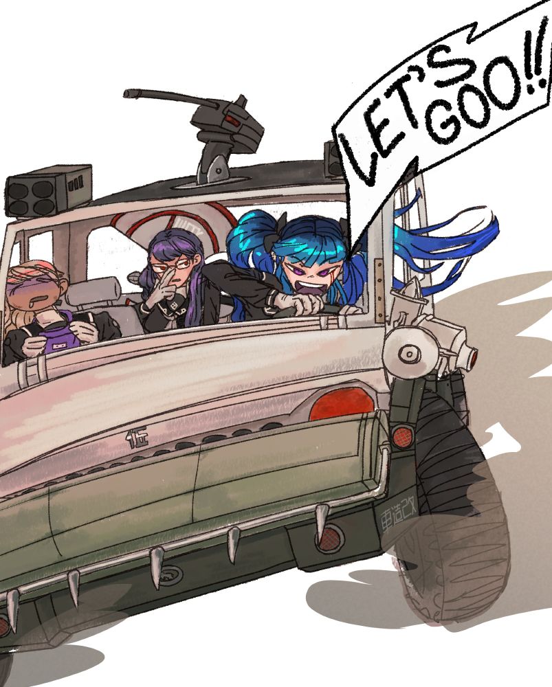 Fanart illustration of Tsubasa, Hiruko, and Darumi from the game Hundred Line. Darumi drives Tsubasa's class weapon car recklessly, Tsubasa holding her barf bag in the passenger seat and Hiruko looking disapprovingly from the backseat. 