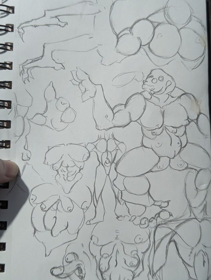 Continuing. In the top left are hands with a bizarre wrist joint and strange fingers, the hands are spread flat with the short thumb facing totally backward form the fingers. There's another hand with short phalanges below this. To the right I have circles creating the impression of a deltoid, bicep, and pecs. Beneath this there's a character loosely inspired by this deltoied-focused piece, while combining the hands from the left. The character has four sets of nipples in odd places and their leg turns into abstract shapes.
There are drawings to the left featuring pectorals/breasts with duplicative hanging breasts beneath them and short torsos.

Slightly cut off, but on the bottom is a vulva with a penis instead of a clitoris and a cervix positioned above the penis. The penis under externally exposed cervix is a concept that haunts me for reasons I don't know.