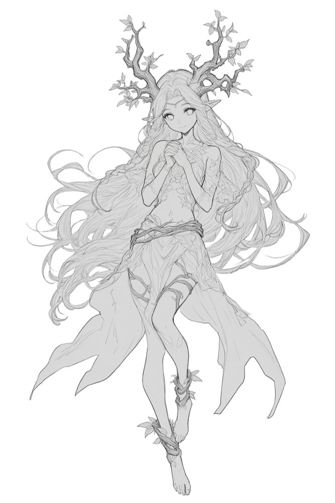 Rough full body lineart portrait by Kawatsuri, depicting a beautiful Dryad with her hands in prayer, surely wishing the best for nature and its inhabitants