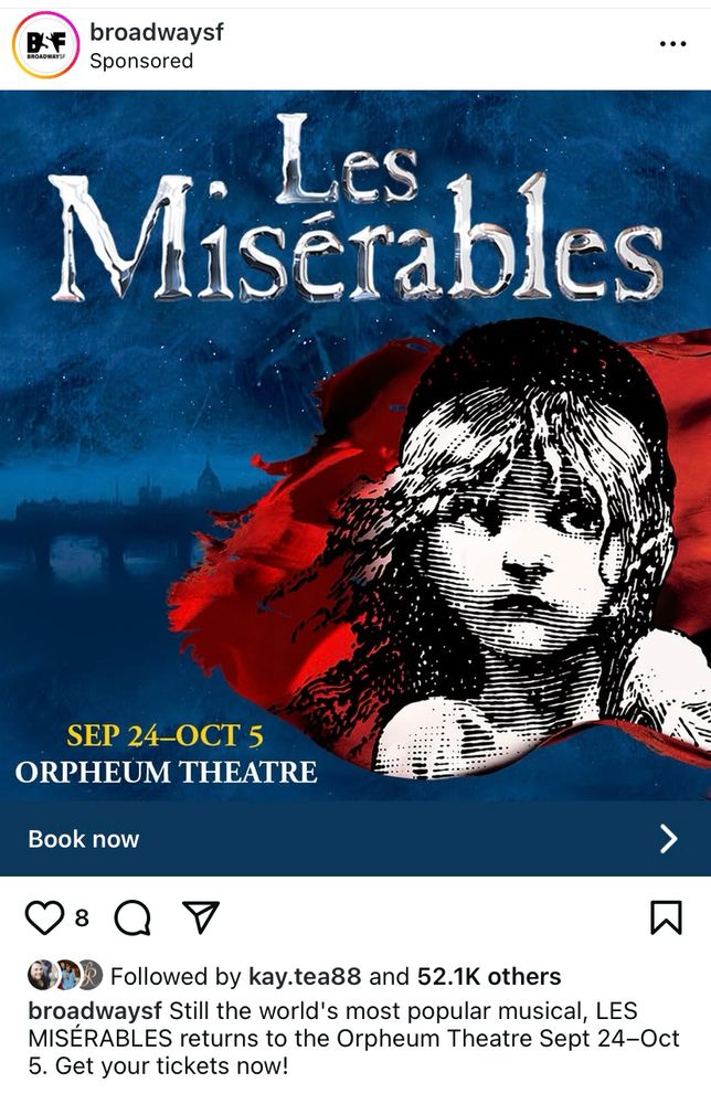 instagram ad for les mis at the orpheum sf theater