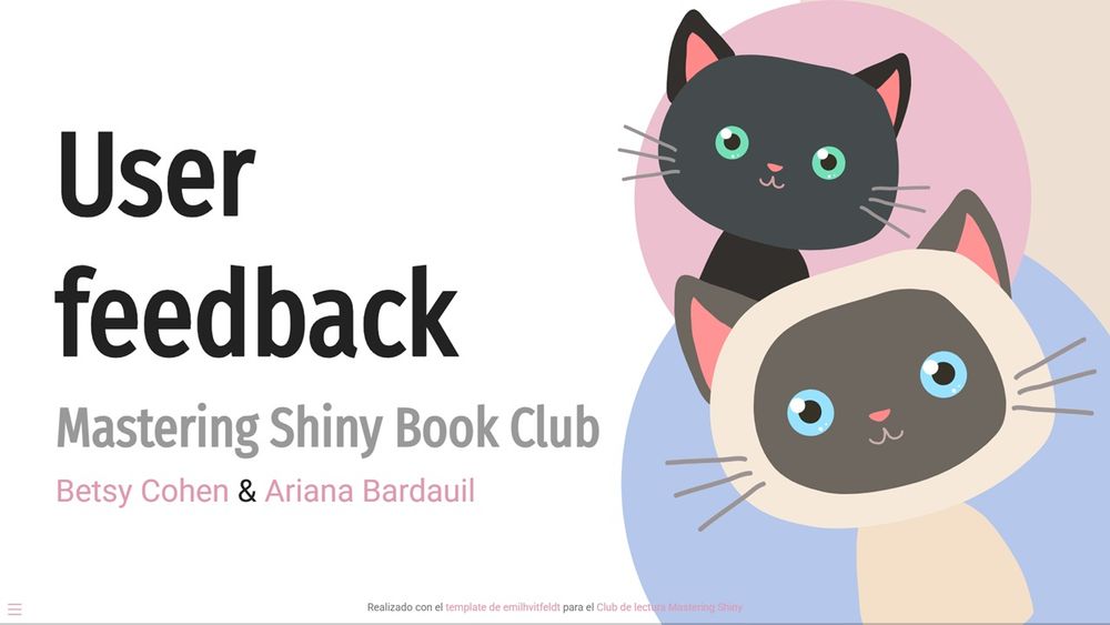Title slide for a presentation on the 'User Feedback' chapter of the Mastering Shiny book. Presenters: Betsy Cohen and Ariana Bardauil. The slide features a drawing of two cute cats.