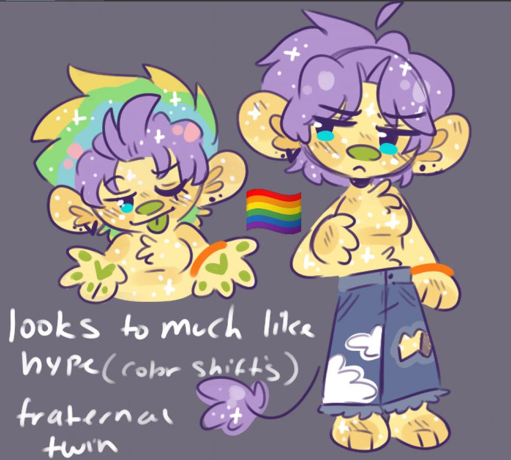 2 doodles of boom one his hair down and natural color 
the other is with his hair spiked up and color shifted to rainbow 