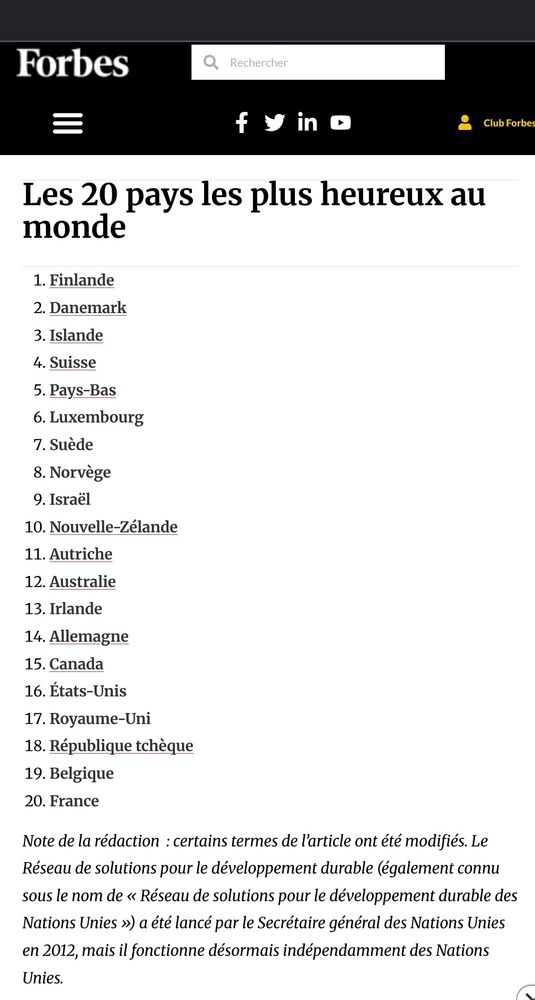 Classement des pays où l'on est le plus heureux. La nouvelle Zélande est 10eme, la France 20eme...