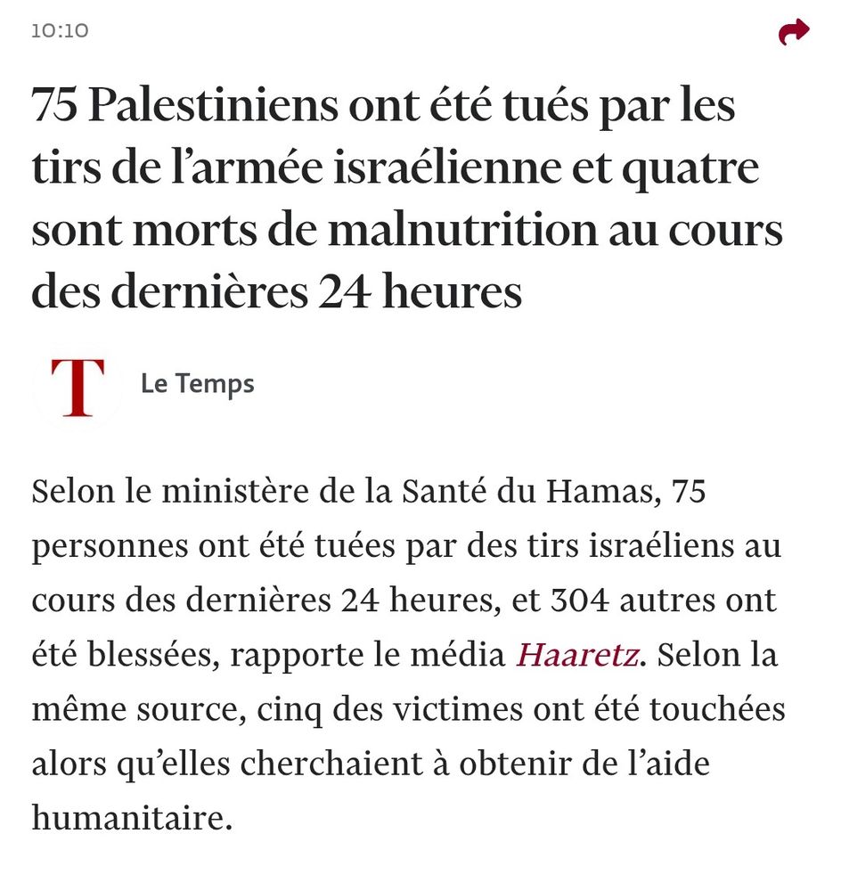 Capture d'écran du journal Le Temps qui mentionne 75 morts Palestiniens, dont 4 de faim.