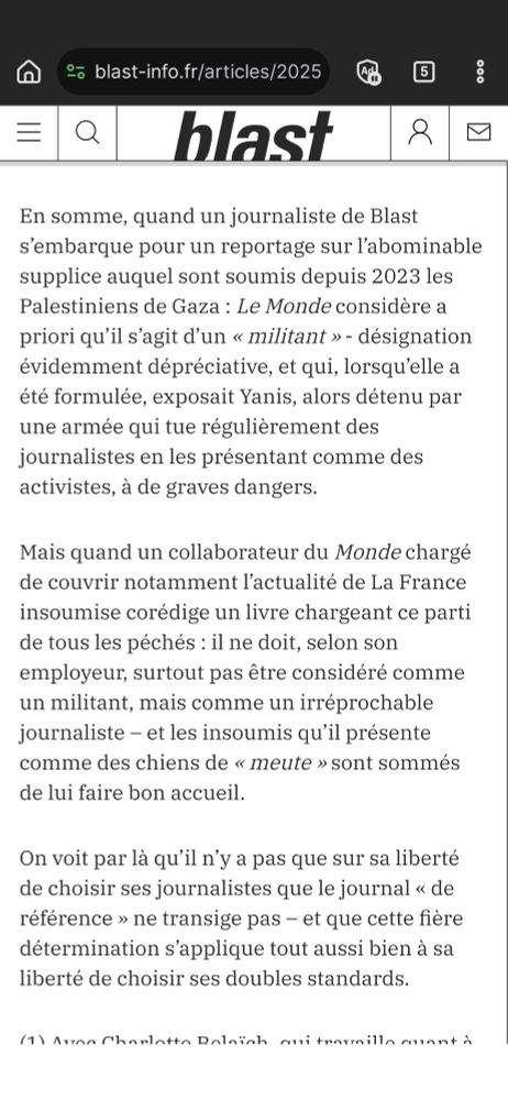 Capture d'écran d'un article de Blast dénonçant le double standard du Monde au sujet de la liberté de la presse.