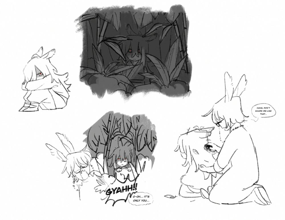 drawings of little Yinghuo has a child. there's a drawing of them hiding in the woods, freaking out his sister. another drawing features her brushing their hair