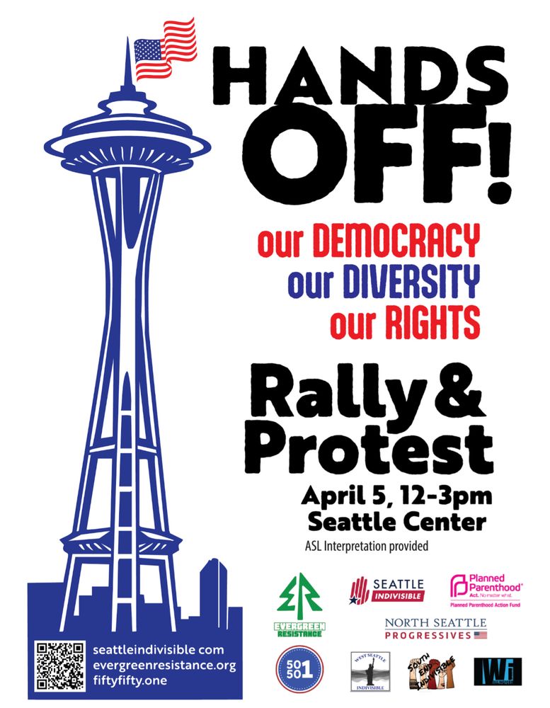 An image of the space needle with text describing a protestant rally on April 5 at Seattle Center from 12 to 3 PM. 