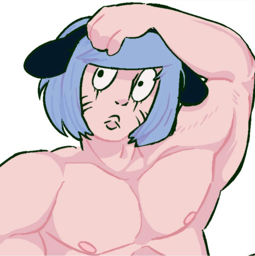 digital illustration of a shirtless muscular, pale man with blue hair, big eyes, and two folded cat ears