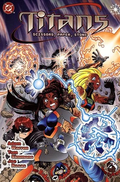 Cover art from the Titans: Scissors, Paper, Stone one-shot, published in 1997, depicting Witchie-Poo, Captain Thug, Dead Pretty Boy, and Prosthetic Lass as a future incarnation of the Teen Titans.
