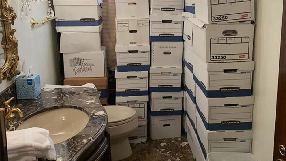 Photo taken during the August 2022 FBI raid on Mar-a-Lago, showing one of the bathroom filled with stacks of boxes reported to be filled with government documents, many of which were labelled as classified and top secret.