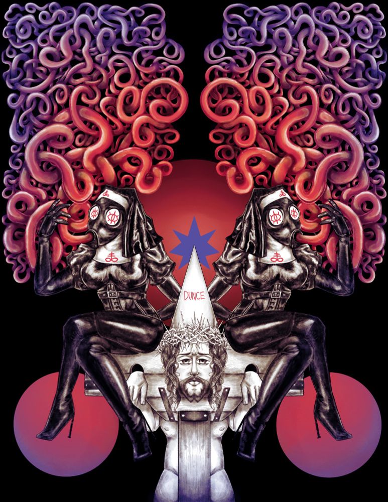 Jesus Christ in a dunce cap looking sadly at the viewer. He’s trapped in a medieval stockade with two latex nuns on either side of him.